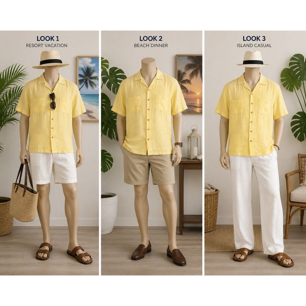 Visitor Mens XXL Yellow Linen Button Front Shirt Camp Casual Tropical Resort